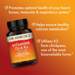 Label close-up on Dr. Mercola D3 & K2 Low Dose bottle highlighting MenaQ7