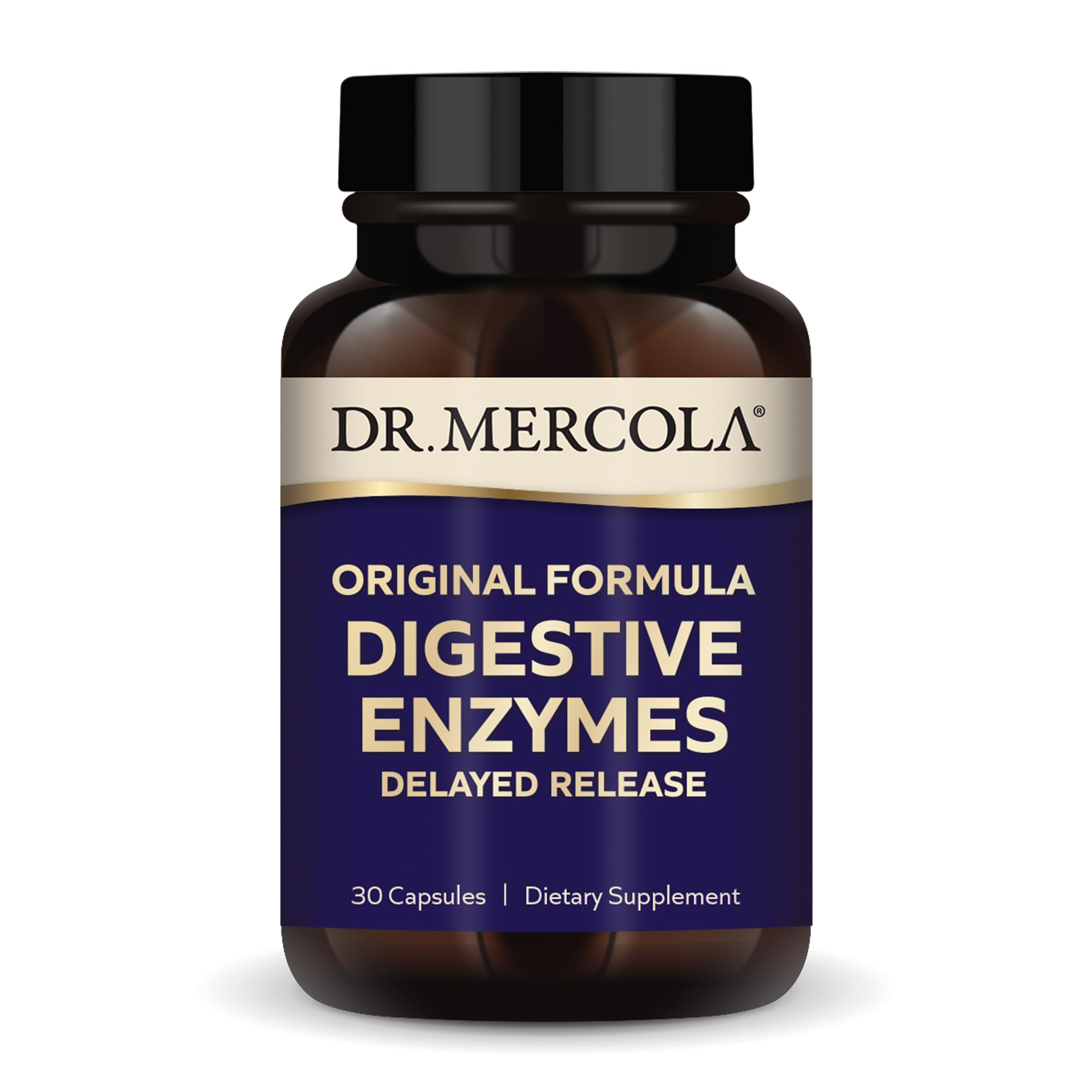 Dr. Mercola Digestive Enzymes bottle close-up for on-the-go digestion support