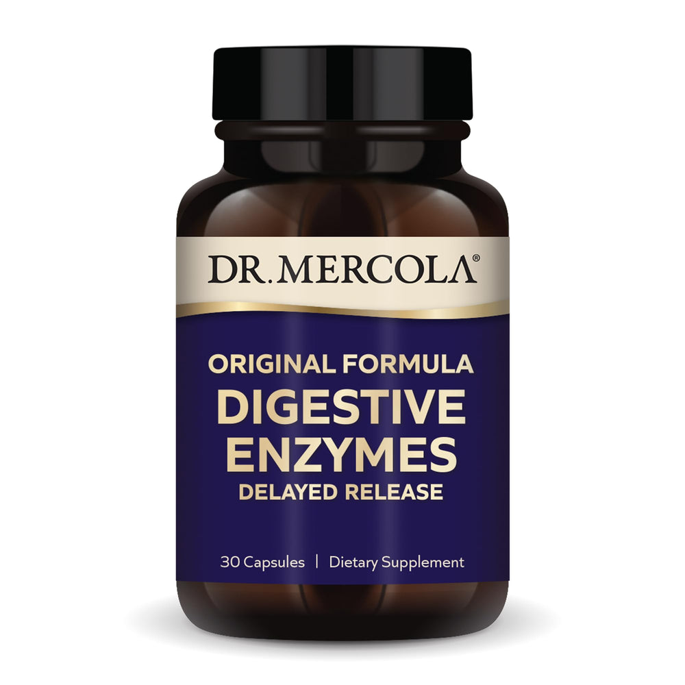 Dr. Mercola Digestive Enzymes bottle close-up for on-the-go digestion support