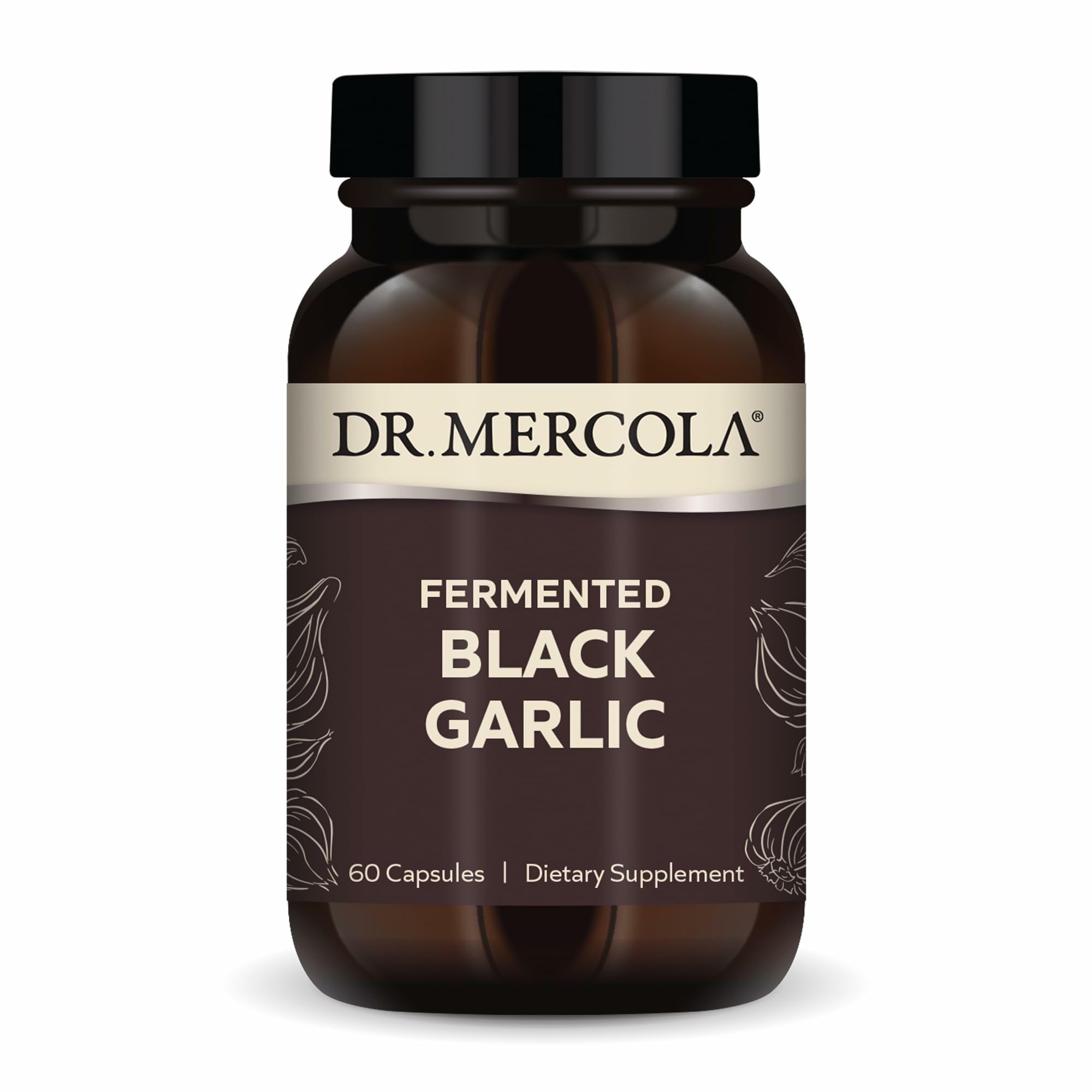 Dr. Mercola Fermented Black Garlic bottle front highlighting antioxidant support