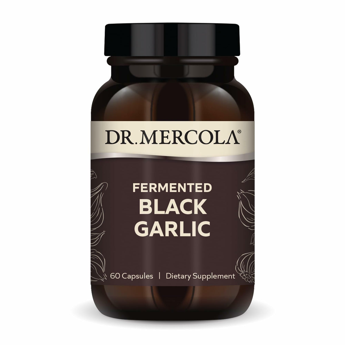 Dr. Mercola Fermented Black Garlic bottle front highlighting antioxidant support