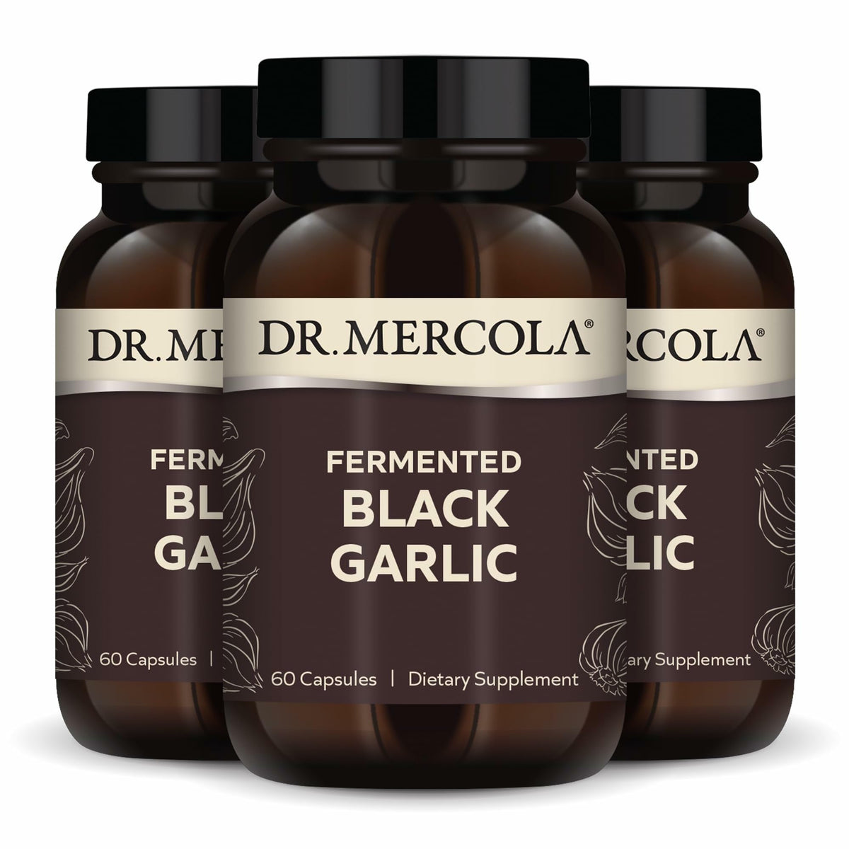 Dr. Mercola Fermented Black Garlic bottle front highlighting immune support potential