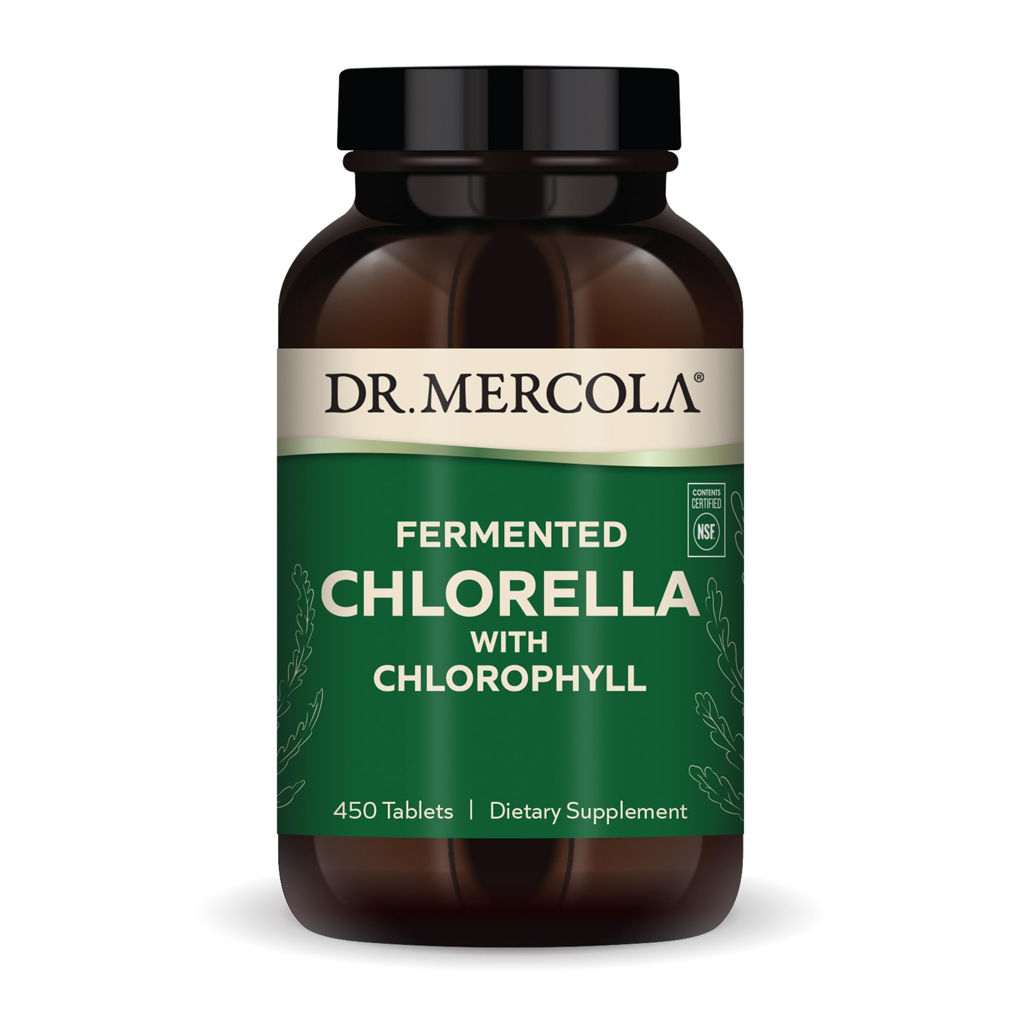 Dr. Mercola Fermented Chlorella bottle for convenient daily use