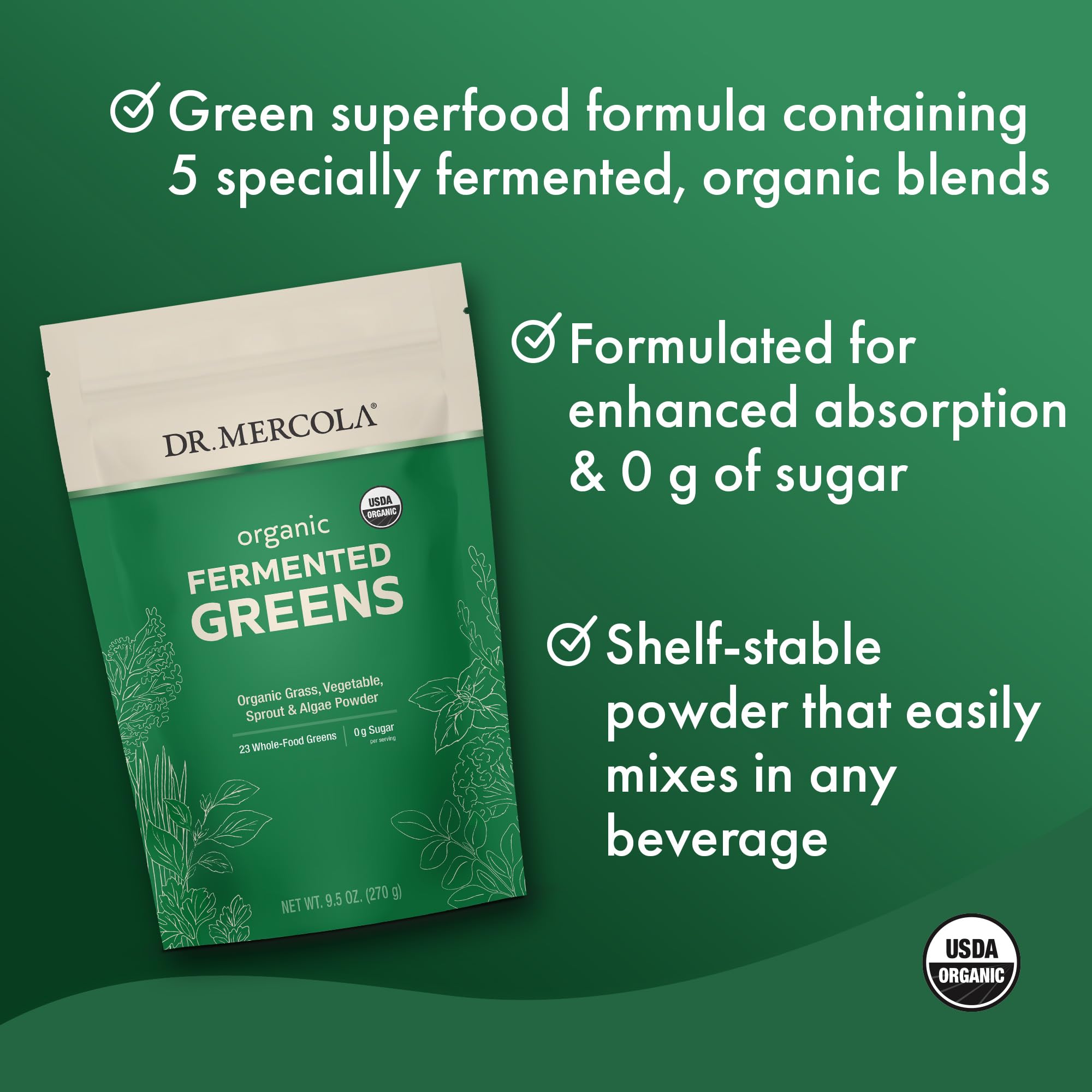 Fermented Fruits and Greens blend from Dr. Mercola, highlighting variety of nutrients