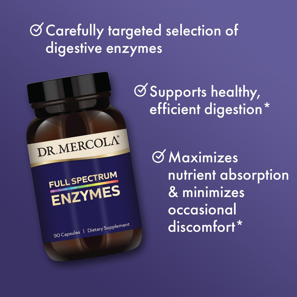 Dr Mercola Full Spectrum Enzymes 3-pack packaging for ongoing digestive support.