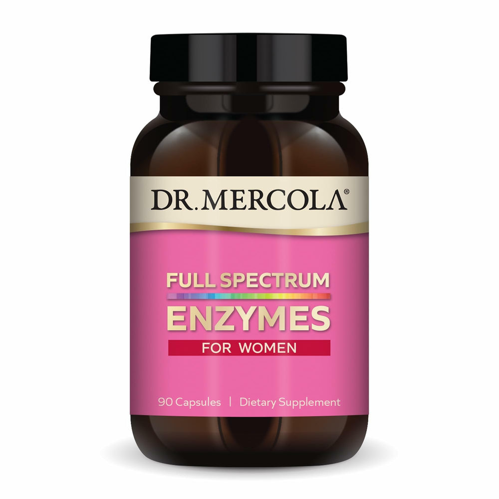Dr. Mercola Full Spectrum Enzymes for Women bottle shows 90 capsules for daily digestion support.