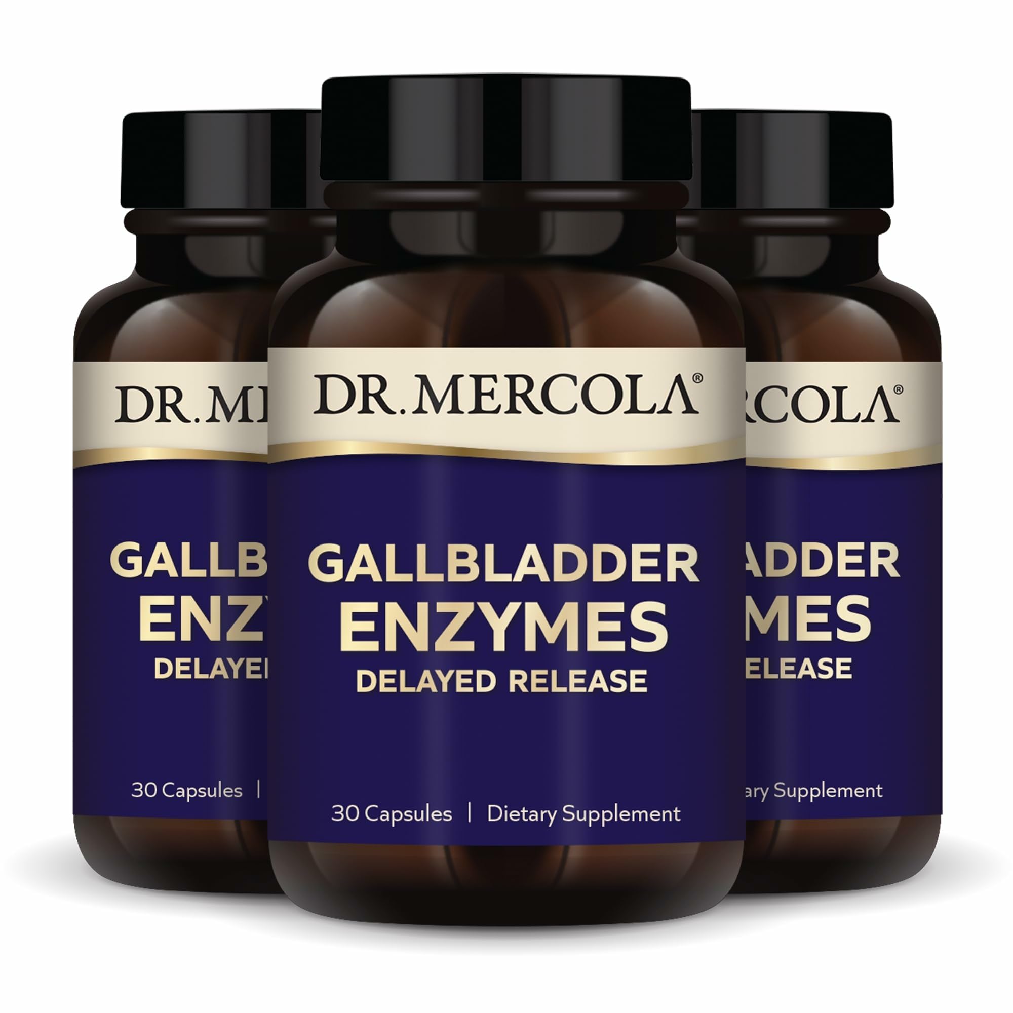 Dr Mercola Gallbladder Enzymes bottle on kitchen counter for digestion support.