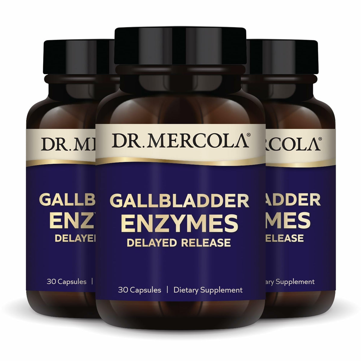 Dr Mercola Gallbladder Enzymes bottle on kitchen counter for digestion support.