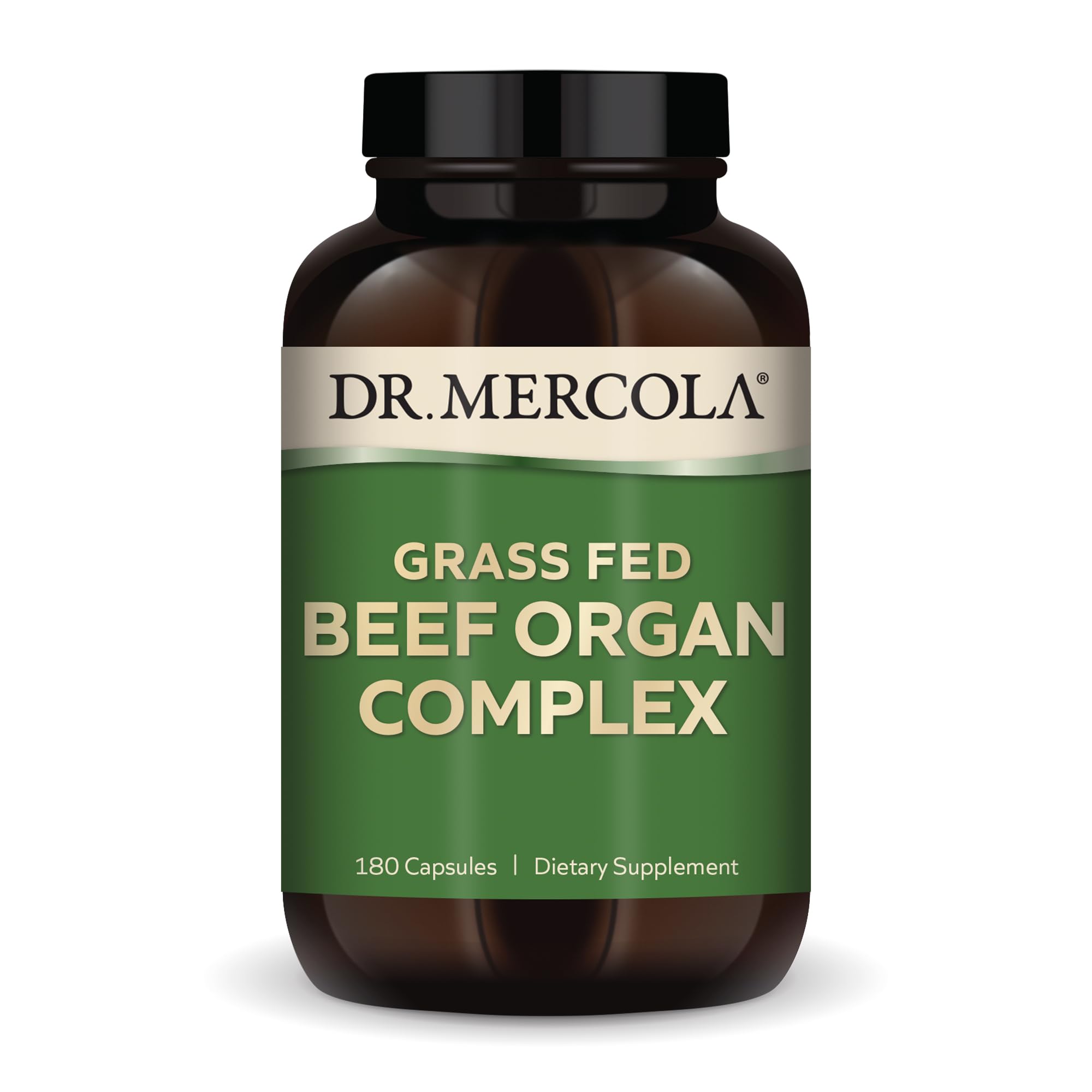 Dr. Mercola Grass Fed Beef Organ Complex bottle for daily immune support possibilities.