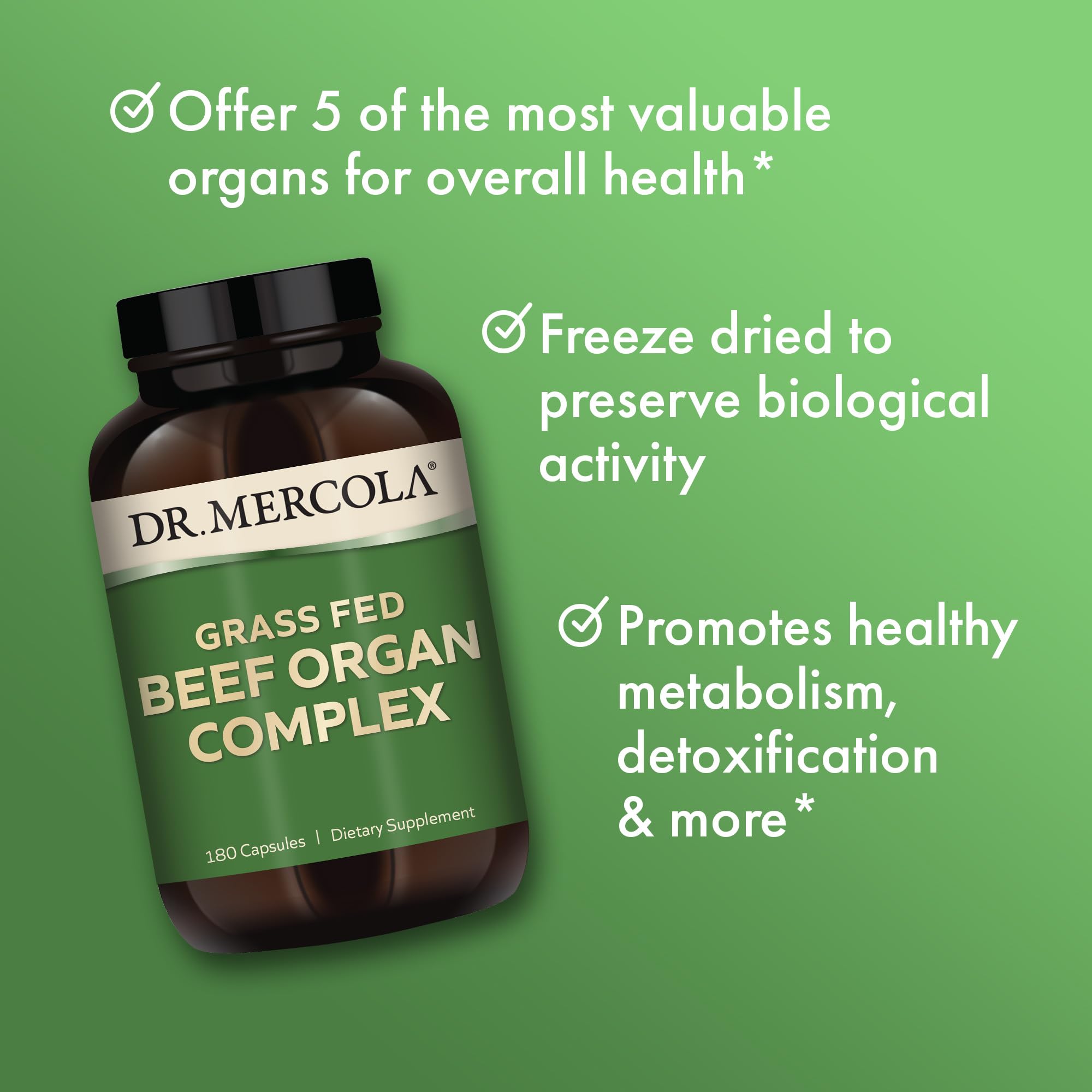 Dr. Mercola ingredients panel shows freeze-dried organ meats preserving nutrients.