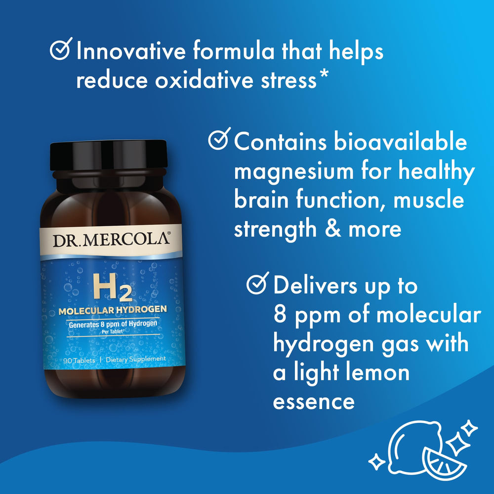 Dr. Mercola H2 label shows GMO-free, gluten-free, soy-free purity.
