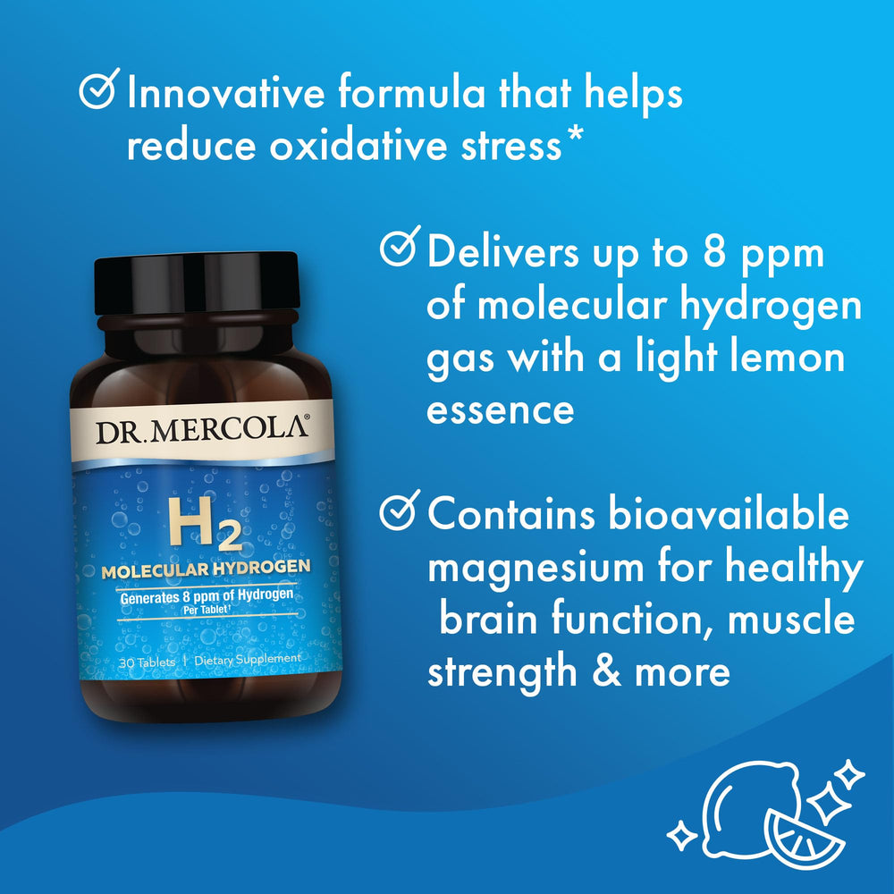 Dr. Mercola H2 bottle label showing 30 servings per bottle.