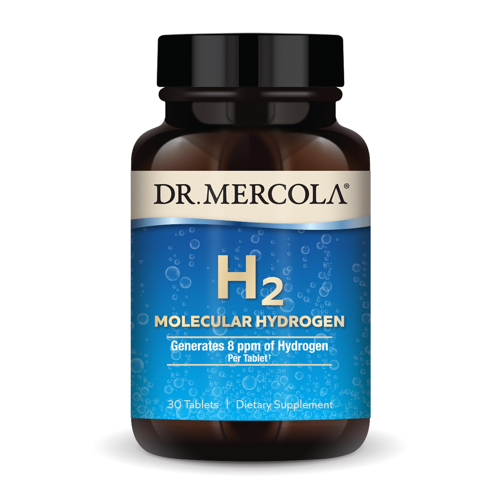 Dr. Mercola H2 bottle on shelf, highlighting hydrogen-rich hydration.