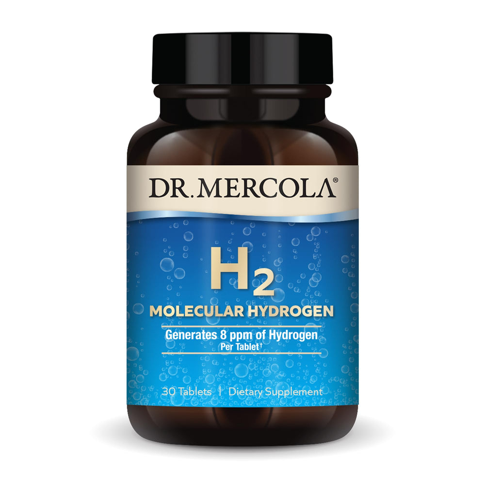 Dr. Mercola H2 bottle on shelf, highlighting hydrogen-rich hydration.