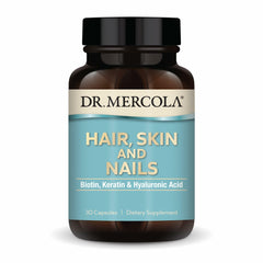 Dr. Mercola Hair, Skin and Nails bottle with premium capsules for daily beauty support.