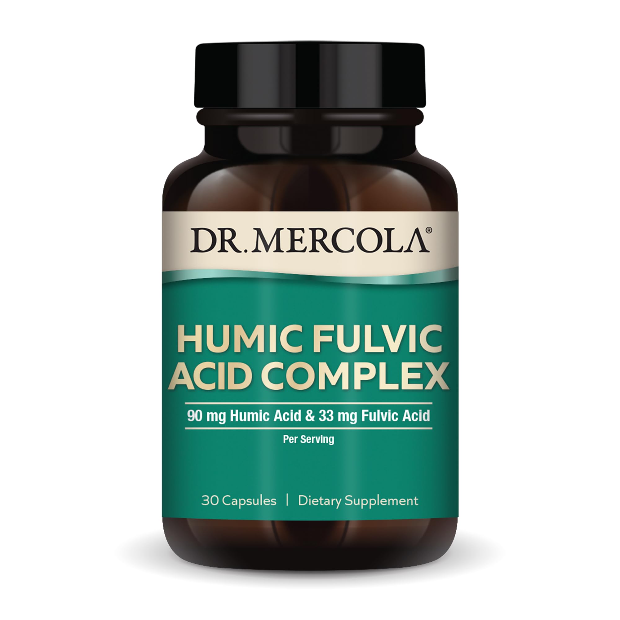 Dr. Mercola Humic Fulvic Acid Complex bottle with capsules for daily gut support