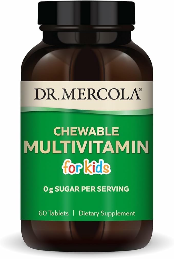 Dr. Mercola Kids Multivitamin front label on 60-count bottle supports daily nutrition.
