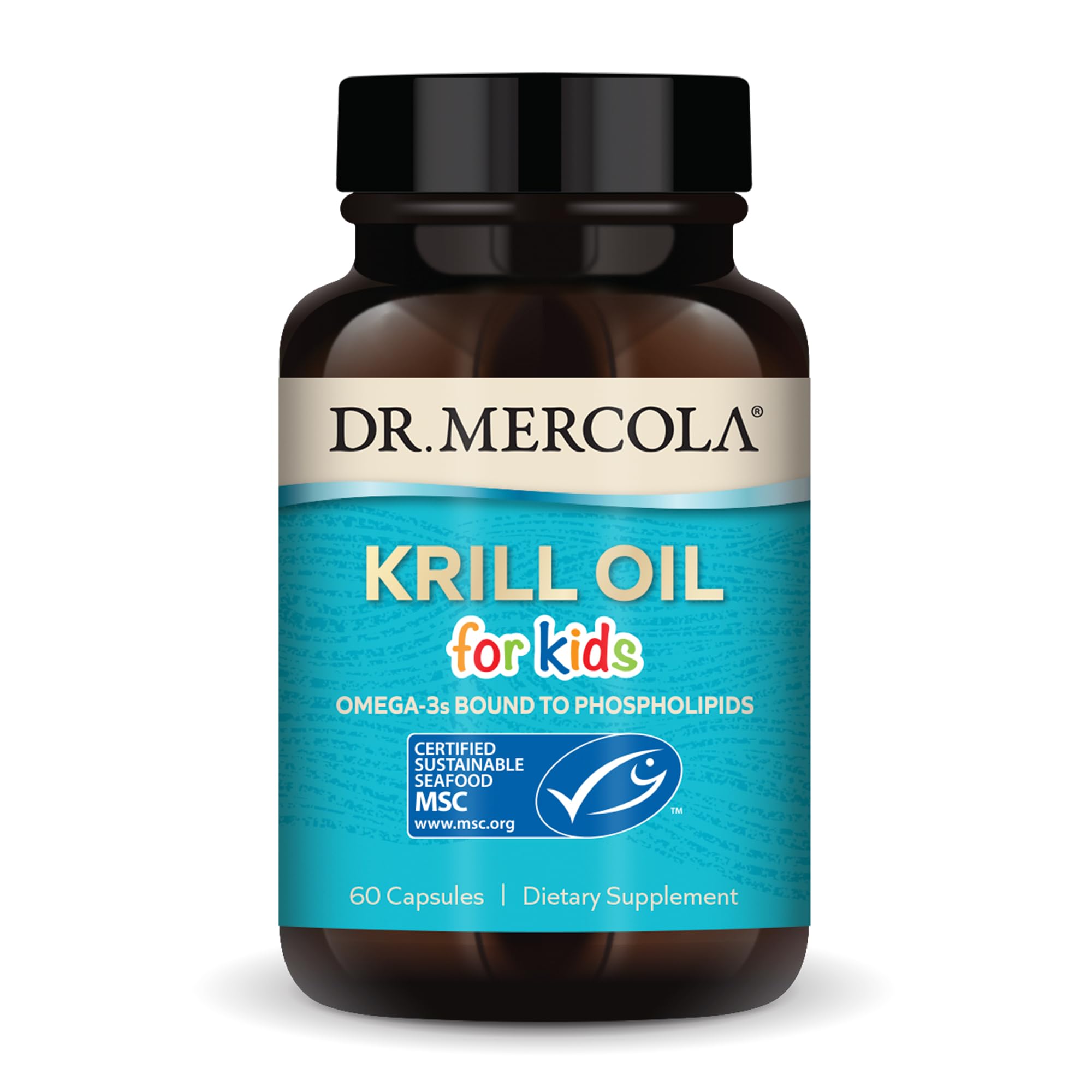 Dr. Mercola Krill Oil for Kids bottle on packaging supports daily omega-3 intake