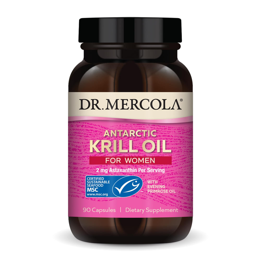 Dr. Mercola Krill Oil for Women bottle promoting daily wellness and easy intake.