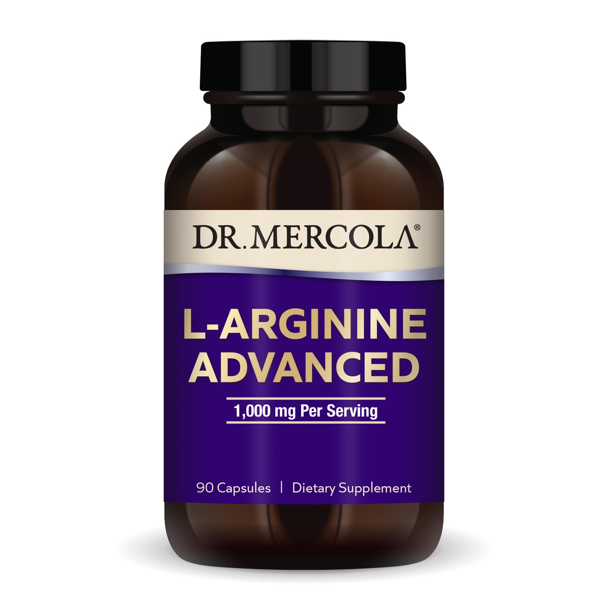 Dr. Mercola L-Arginine Advanced bottle and label showing 90 capsules for energy support