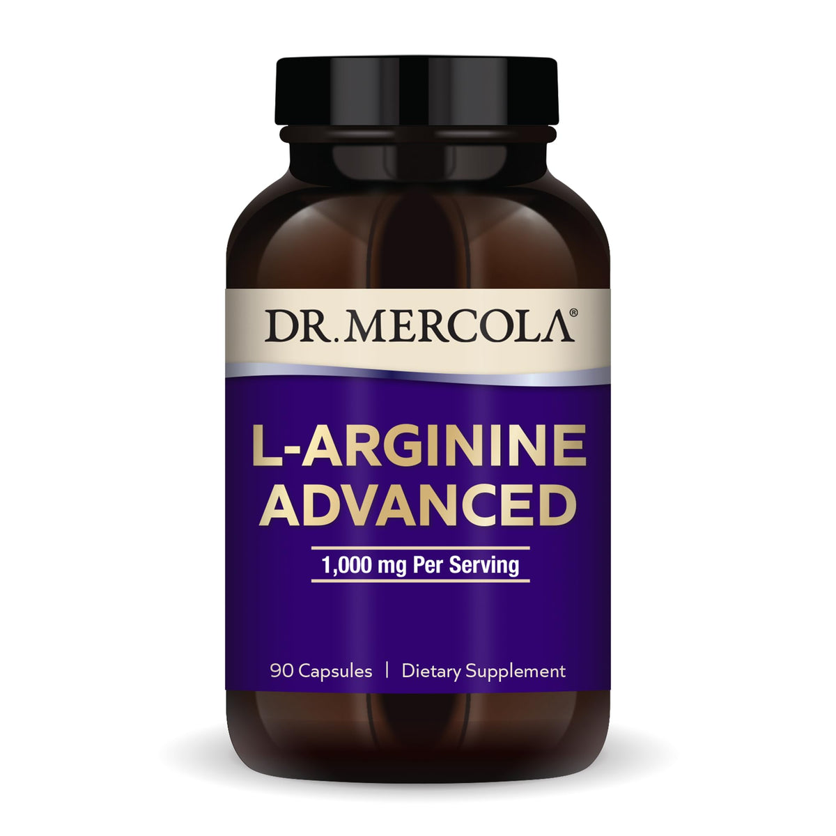 Dr. Mercola L-Arginine Advanced bottle and label showing 90 capsules for energy support