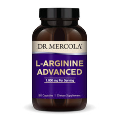 Dr. Mercola L-Arginine Advanced bottle and label showing 90 capsules for energy support