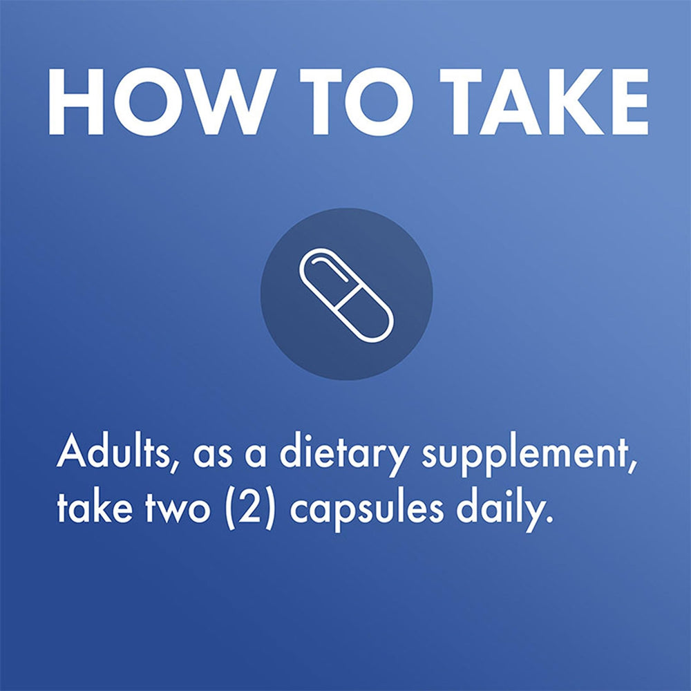 Bottle with capsules illustrating convenient two-capsule serving.
