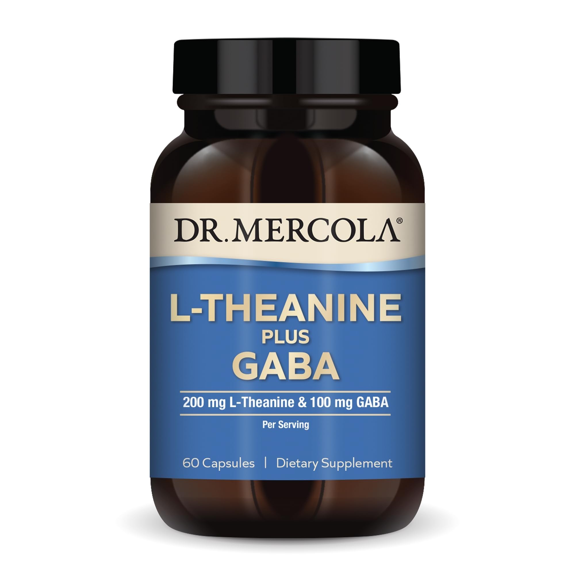 Dr. Mercola L-Theanine Plus GABA bottle with capsules ready for daily calm.