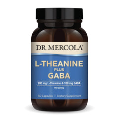 Dr. Mercola L-Theanine Plus GABA bottle with capsules ready for daily calm.