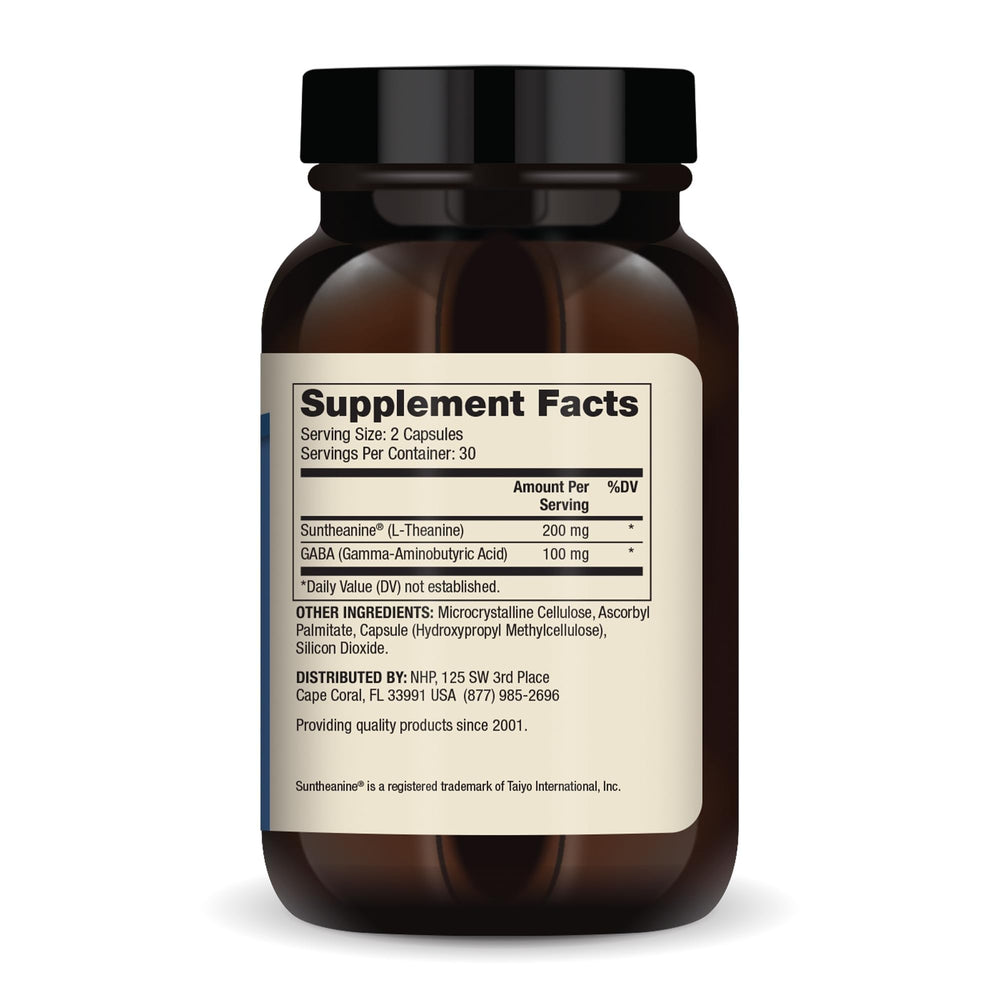 Close-up of Dr. Mercola L-Theanine Plus GABA capsules for calm focus.