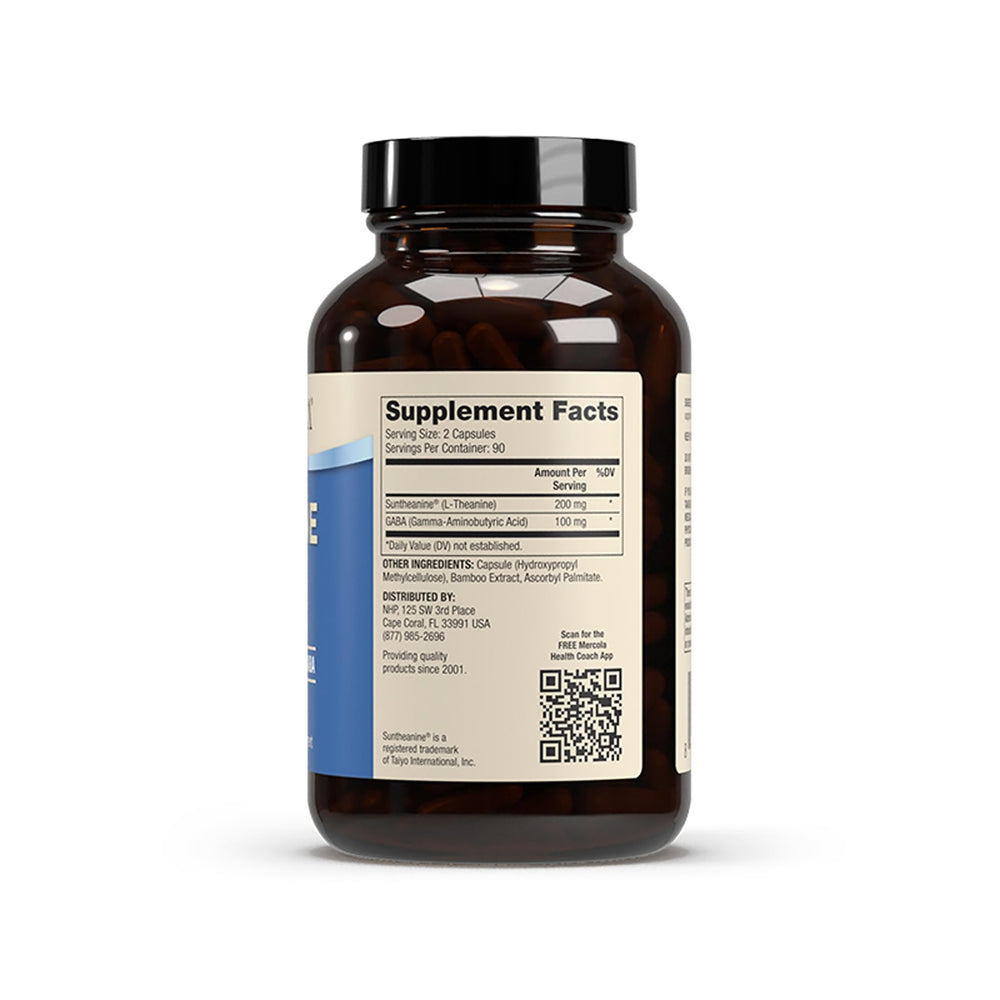 Close-up of Dr. Mercola L-Theanine Plus GABA capsules for daily calm.