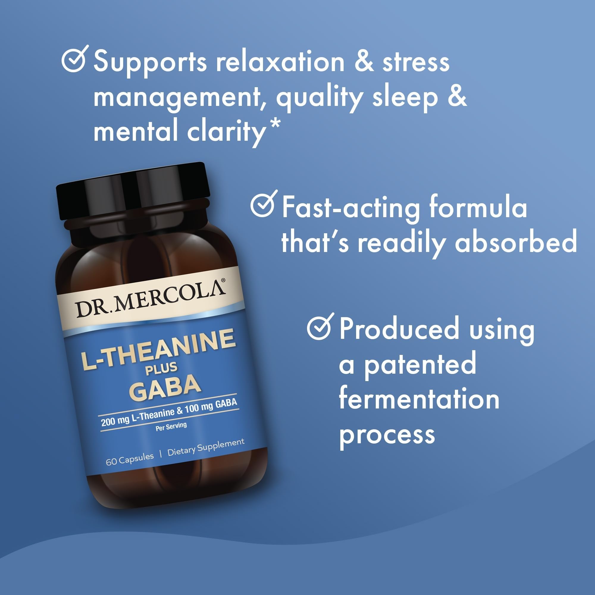 Label highlights non-GMO, gluten-free ingredients for Dr. Mercola L-Theanine Plus GABA.