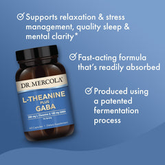 Label highlights non-GMO, gluten-free ingredients for Dr. Mercola L-Theanine Plus GABA.