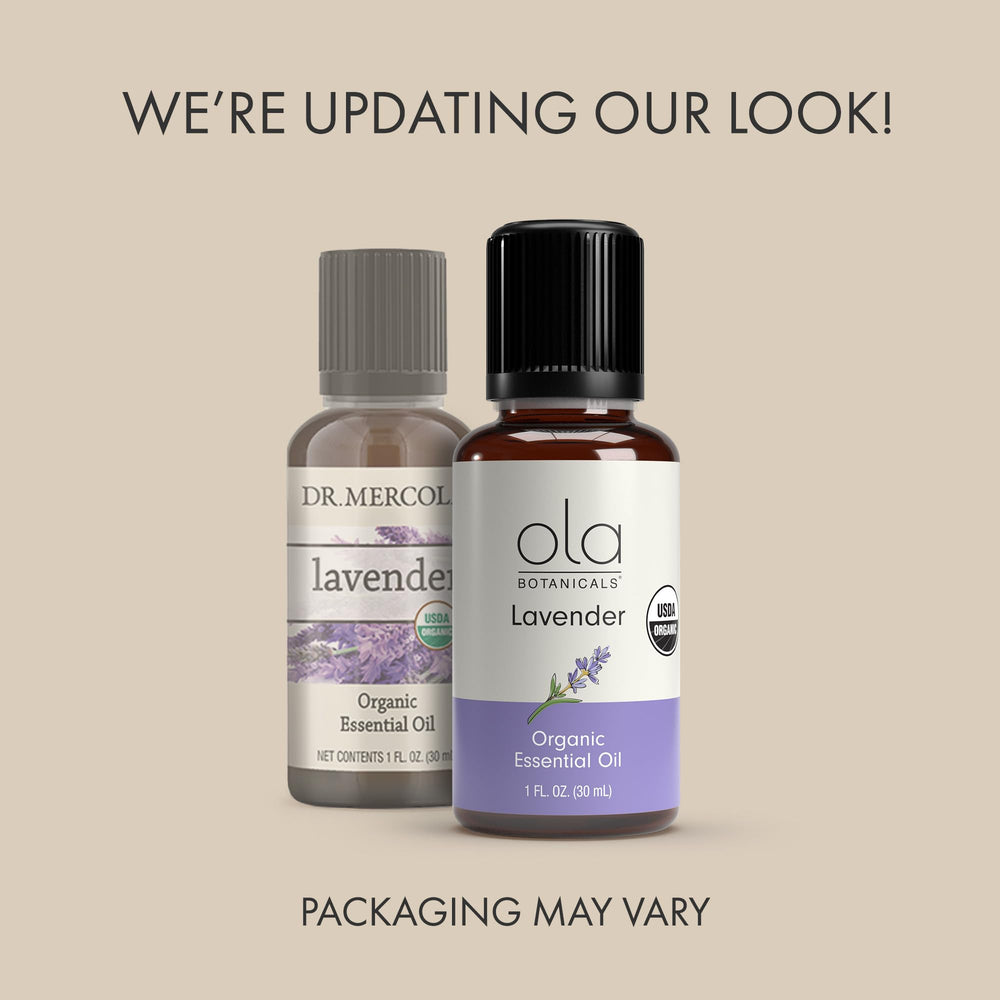 Dr. Mercola lavender oil bottle close-up with clear liquid and premium packaging.