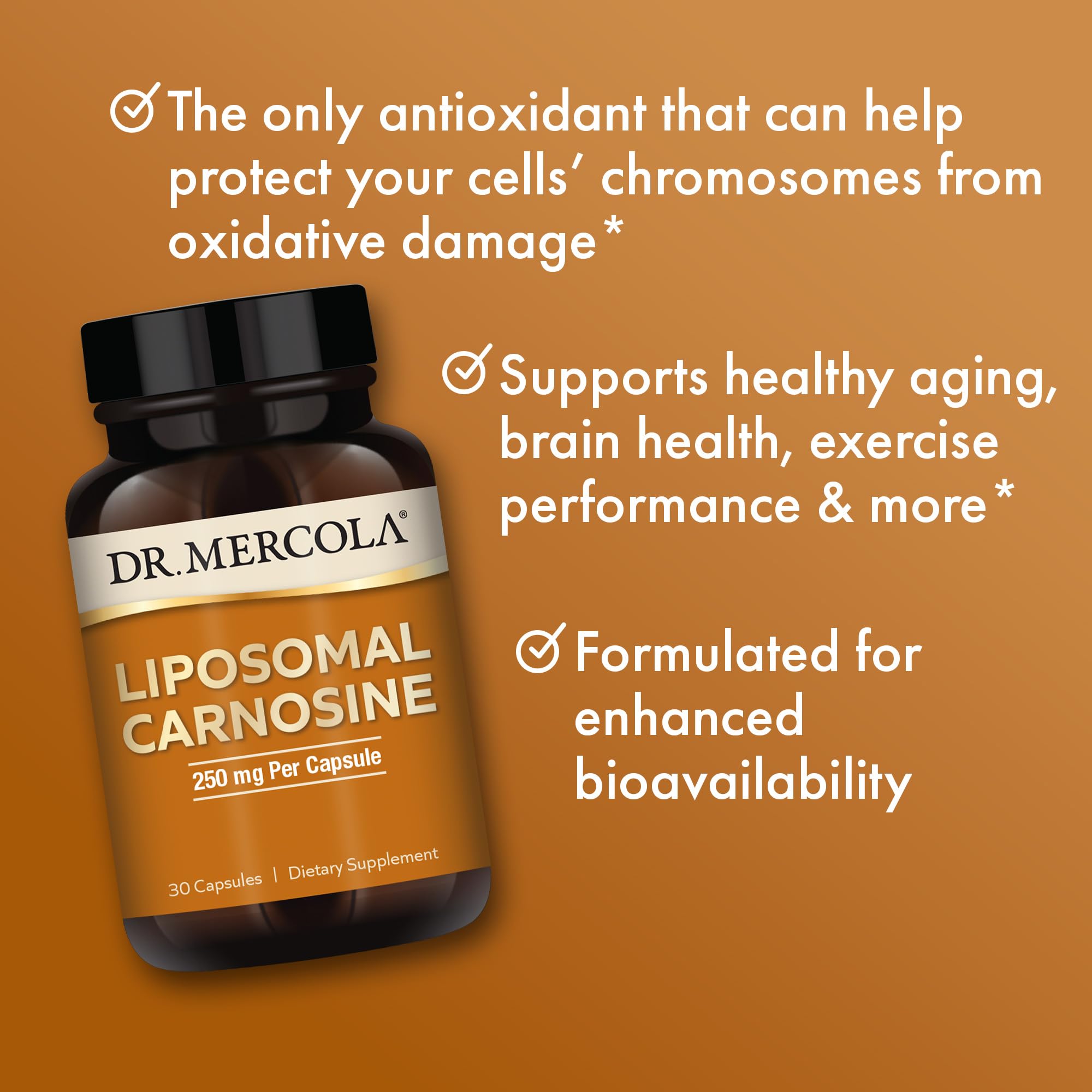 Ingredients label on Dr. Mercola Liposomal Carnosine bottle showing 250 mg per capsule