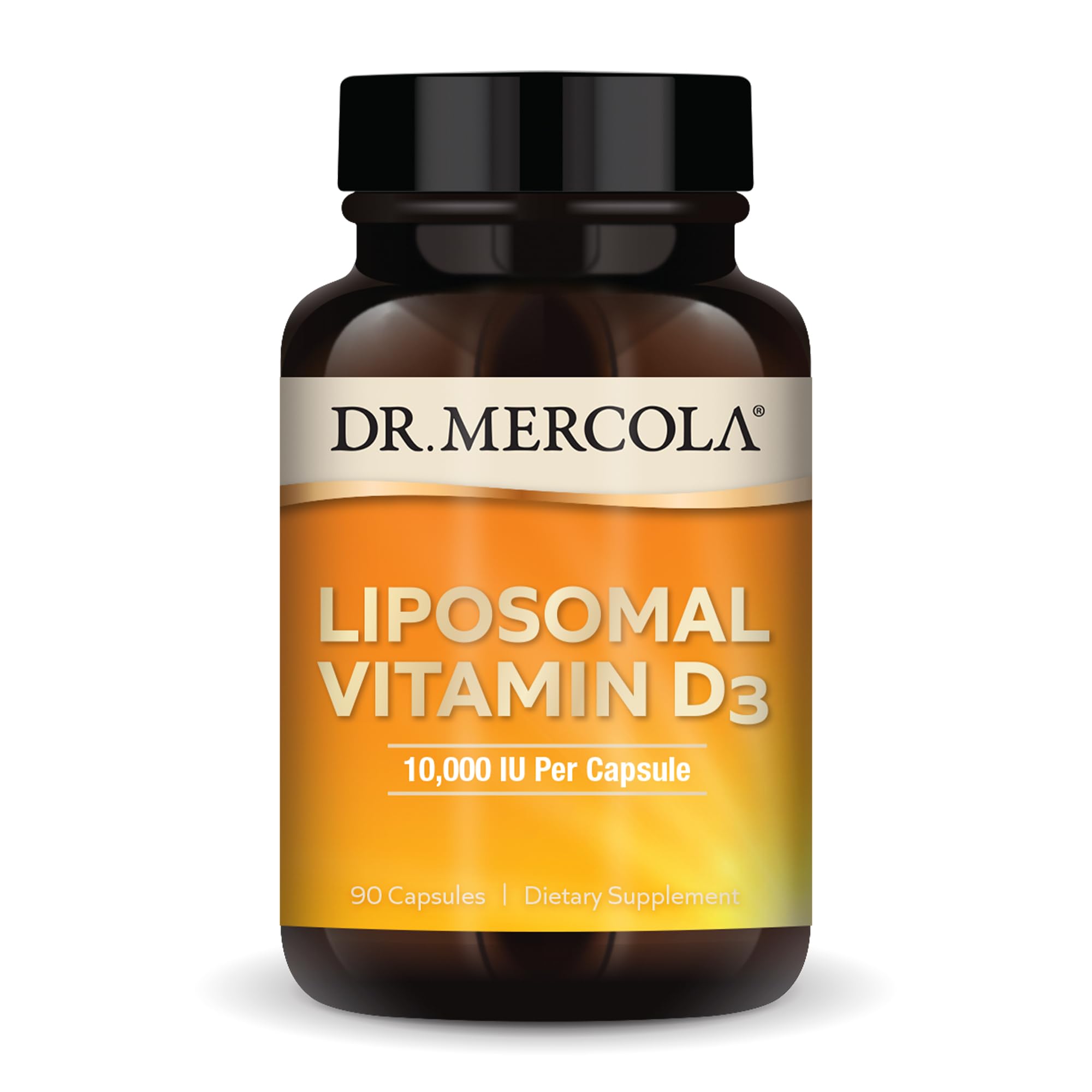 Dr. Mercola Liposomal D3 bottle cap close-up highlighting simple daily dosage.