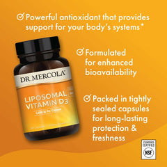 Label detail on Dr. Mercola Liposomal D3 highlighting non-GMO and allergen-free formula.