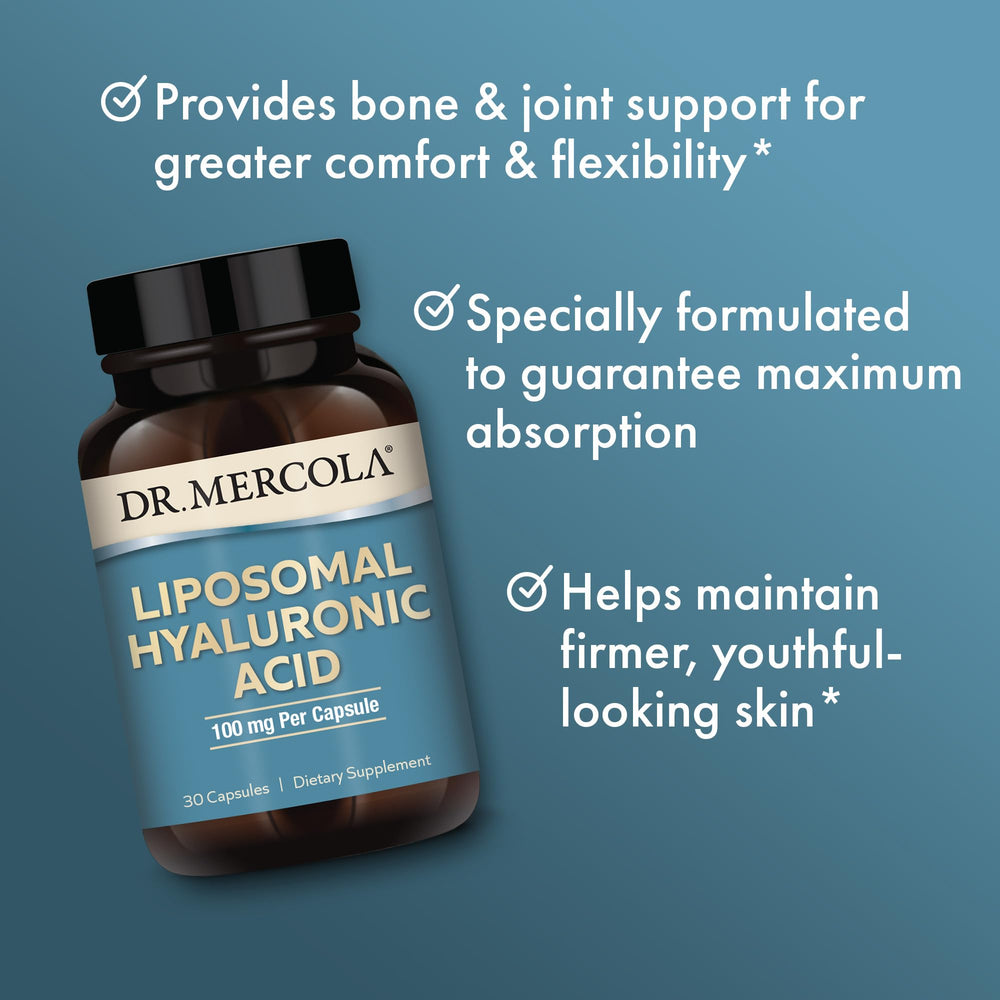 Packaging of Dr. Mercola Liposomal Hyaluronic Acid emphasizing gluten-free and soy-free