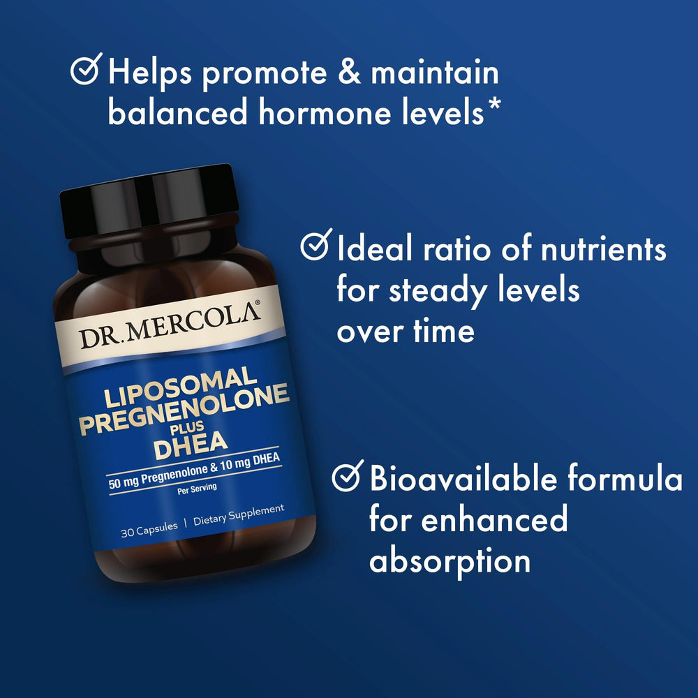 Label close-up of Dr. Mercola Liposomal Pregnenolone Plus DHEA showing non-GMO and allergen information