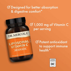 Dr. Mercola Liposomal Vitamin C label noting non-GMO, gluten-free, soy-free ingredients