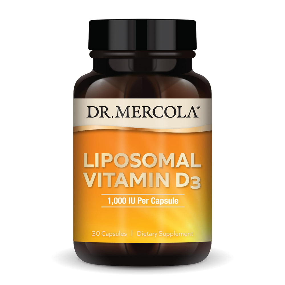 Dr. Mercola Liposomal Vitamin D3 bottle close-up showing 1,000 IU per serving for daily support.