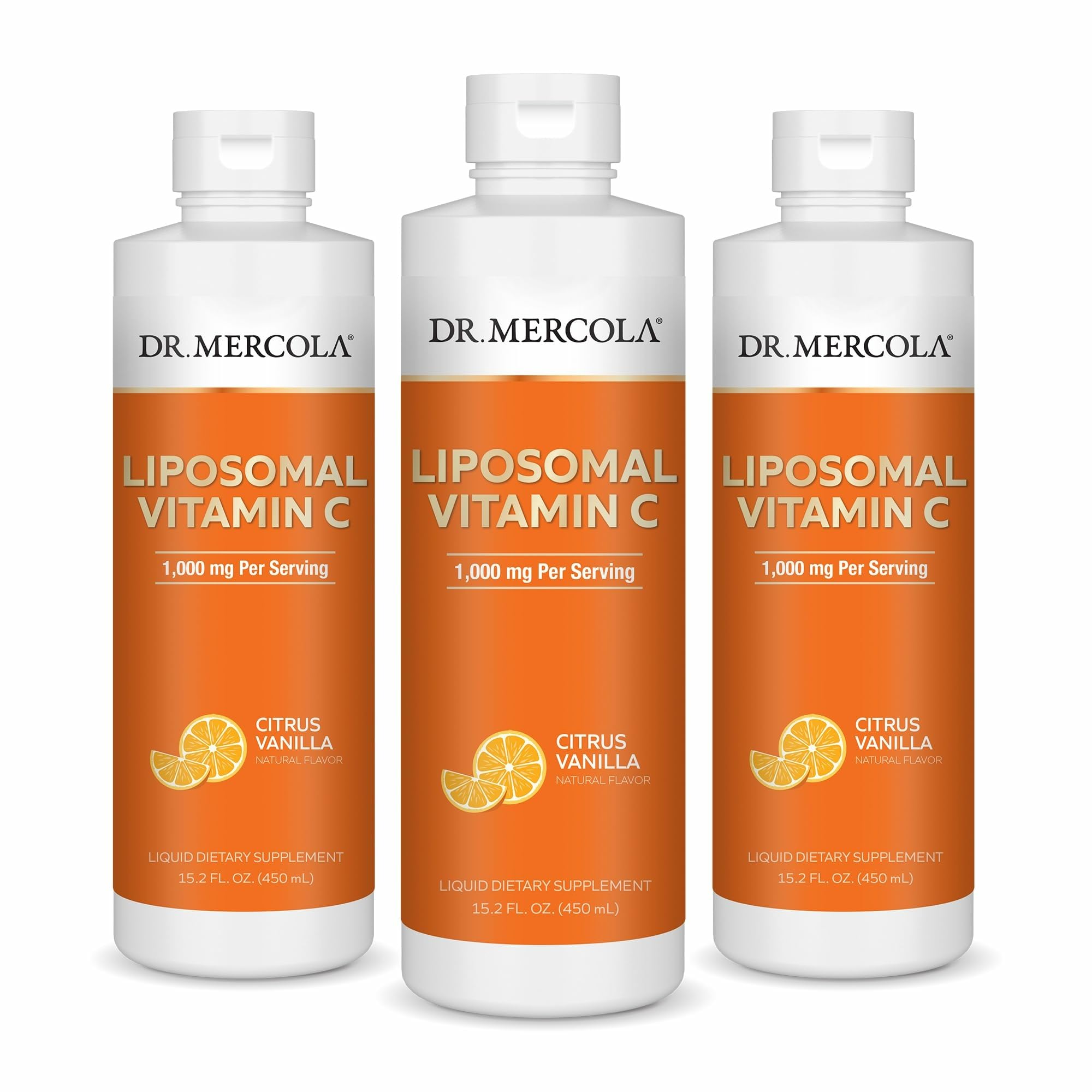 Dr. Mercola Liquid Liposomal Vitamin C bottle front showing 30 servings.