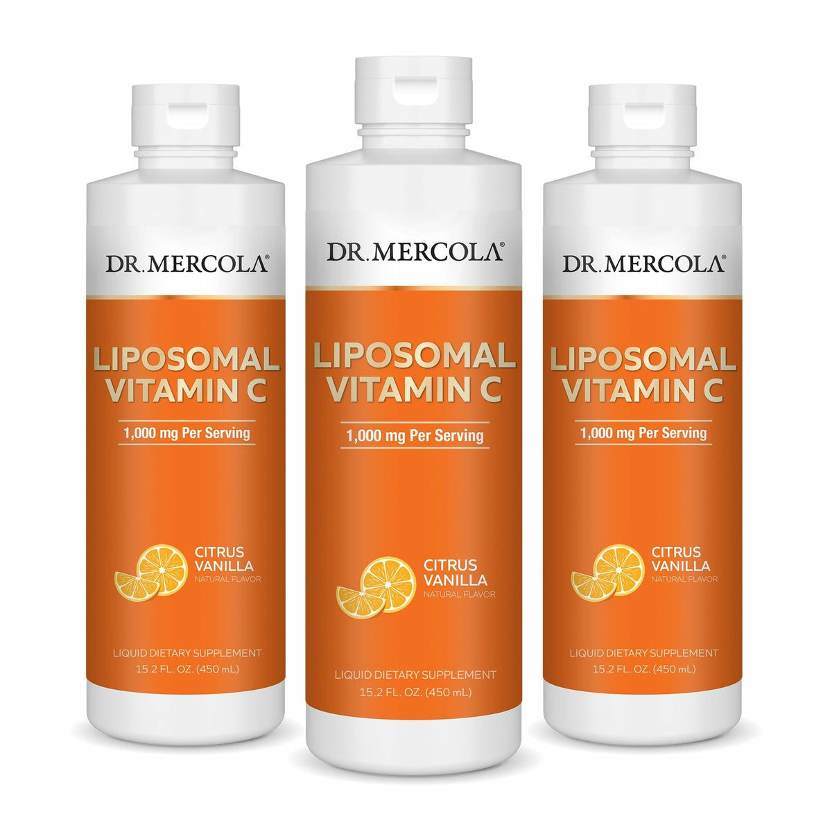 Dr. Mercola Liquid Liposomal Vitamin C bottle front showing 30 servings.