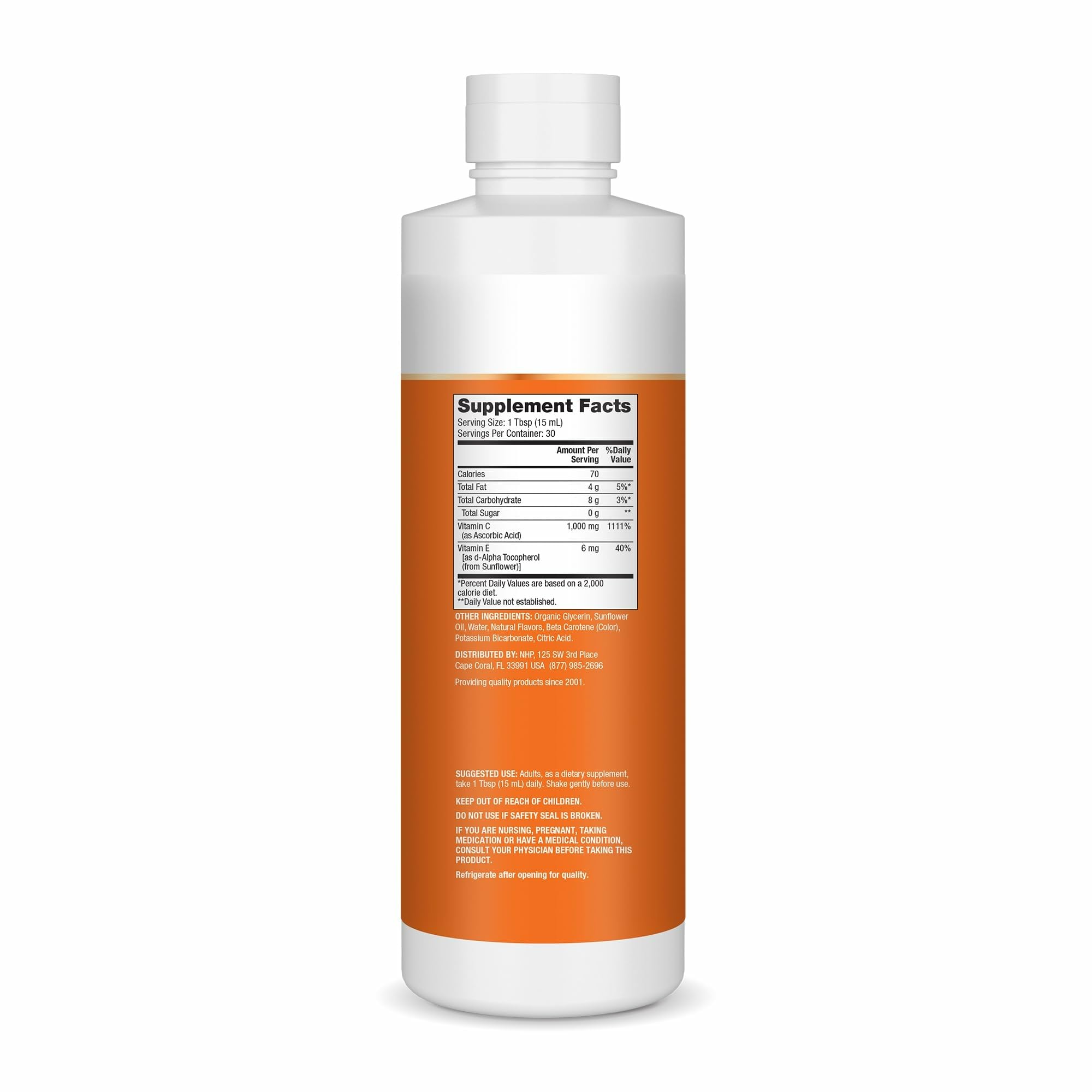 Close-up of Dr. Mercola Vitamin C label with vitamin E details.