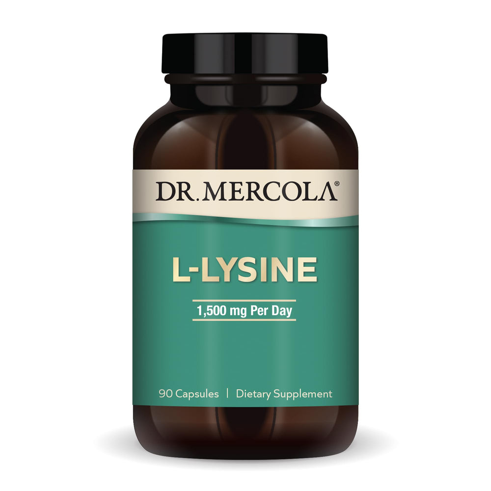 Dr. Mercola L-Lysine bottle shows 1,500 mg per serving for daily immune support.