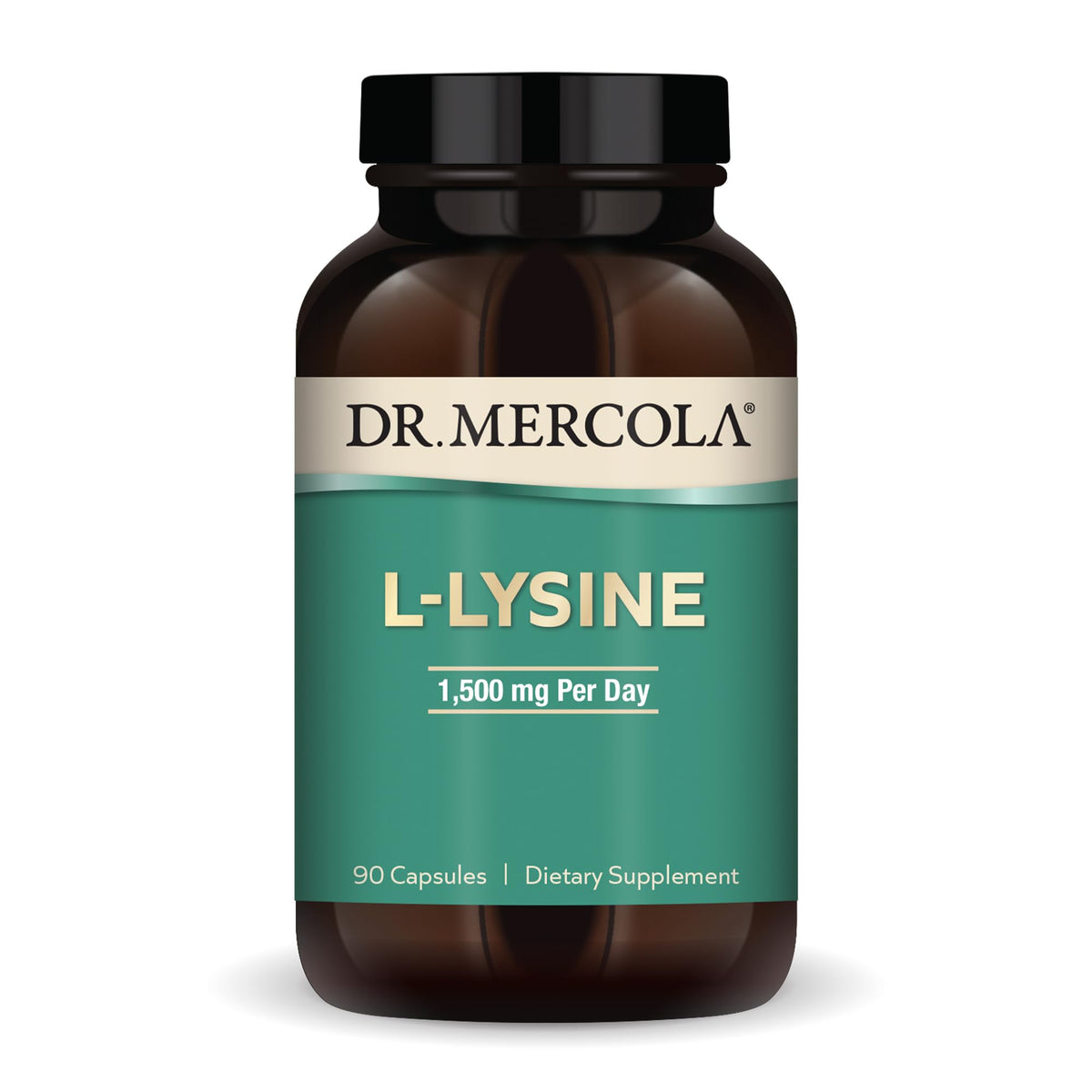 Dr. Mercola L-Lysine bottle shows 1,500 mg per serving for daily immune support.