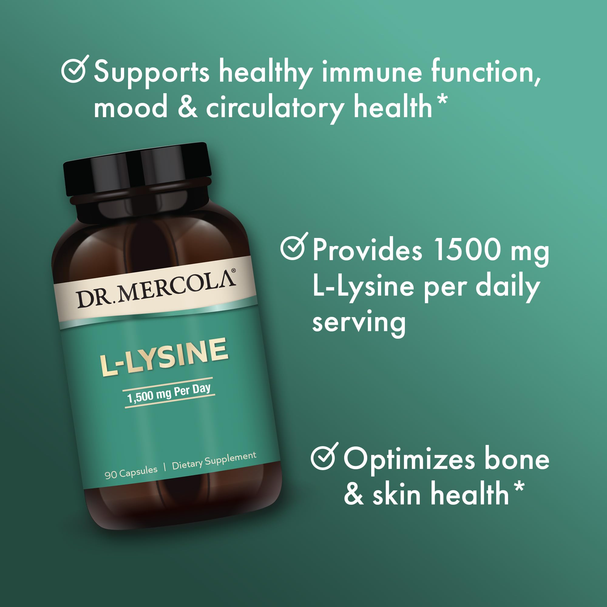 Packaging shows gluten-free and soy-free features on Dr. Mercola L-Lysine.