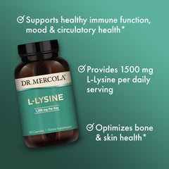 Packaging shows gluten-free and soy-free features on Dr. Mercola L-Lysine.
