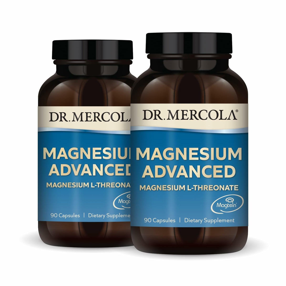 Dr. Mercola Magnesium Advanced bottle pouring Magtein magnesium for daily brain support.