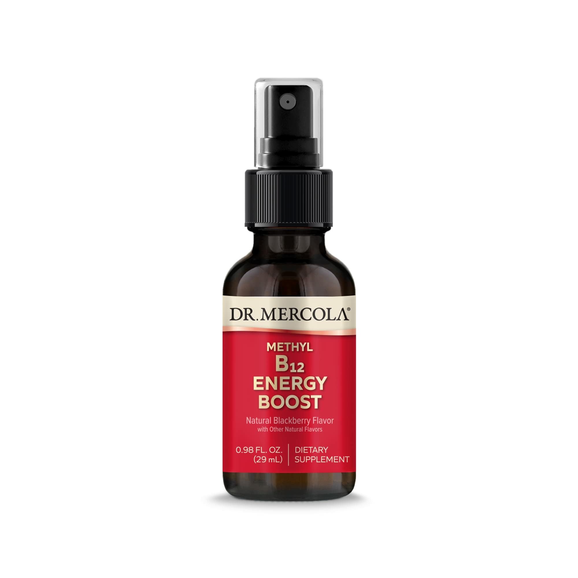 Dr. Mercola Methyl B12 Energy Boost spray enables quick energy support with convenient handheld application.